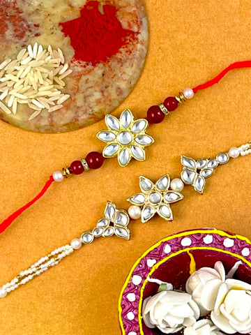 Karatcart Rakhi for Brother and Bhabhi Set of 2 Gold Plated Handmade Kundan Bhiya Bhabhi Rakhi Combo with Roli & Chawal