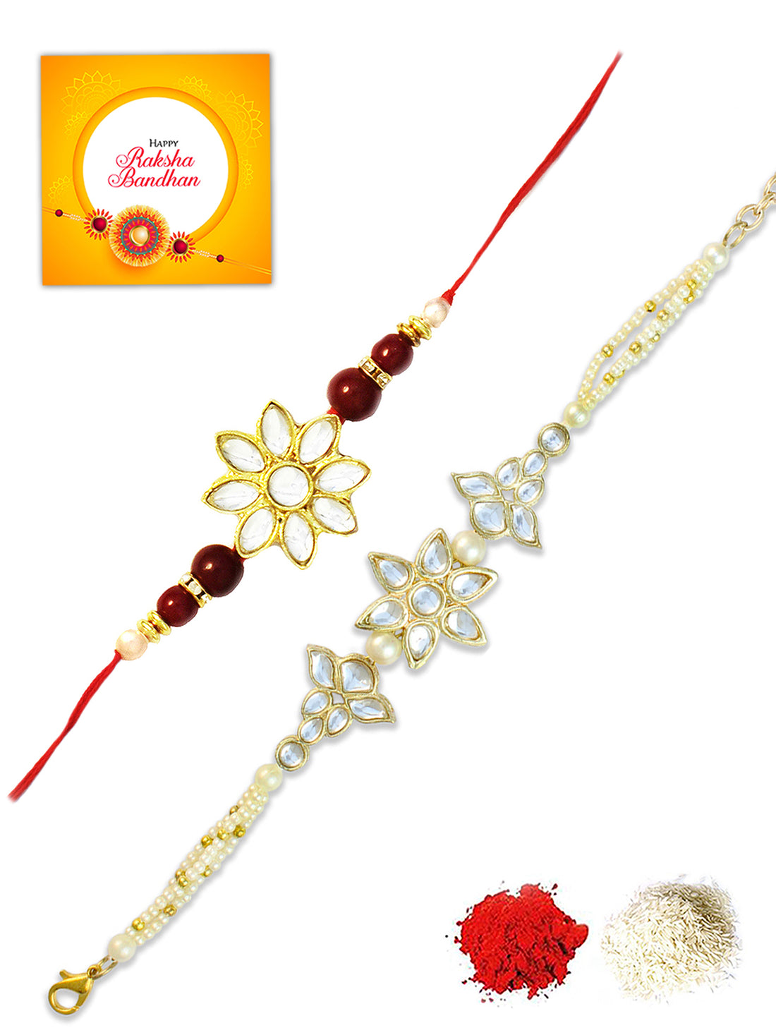 Karatcart Rakhi for Brother and Bhabhi Set of 2 Gold Plated Handmade Kundan Bhiya Bhabhi Rakhi Combo with Roli & Chawal