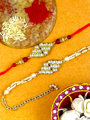 Karatcart Rakhi for Brother and Bhabhi Set of 2 Gold Plated Handmade Kundan Bhiya Bhabhi Rakhi Combo with Roli & Chawal