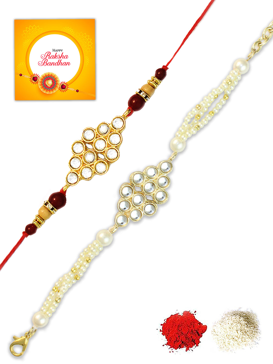 Karatcart Rakhi for Brother and Bhabhi Set of 2 Gold Plated Handmade Kundan Bhiya Bhabhi Rakhi Combo with Roli & Chawal