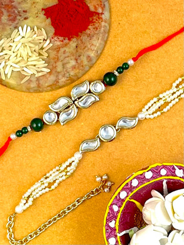 Karatcart Rakhi for Brother and Bhabhi Set of 2 Gold Plated Handmade Kundan Bhiya Bhabhi Rakhi Combo with Roli & Chawal