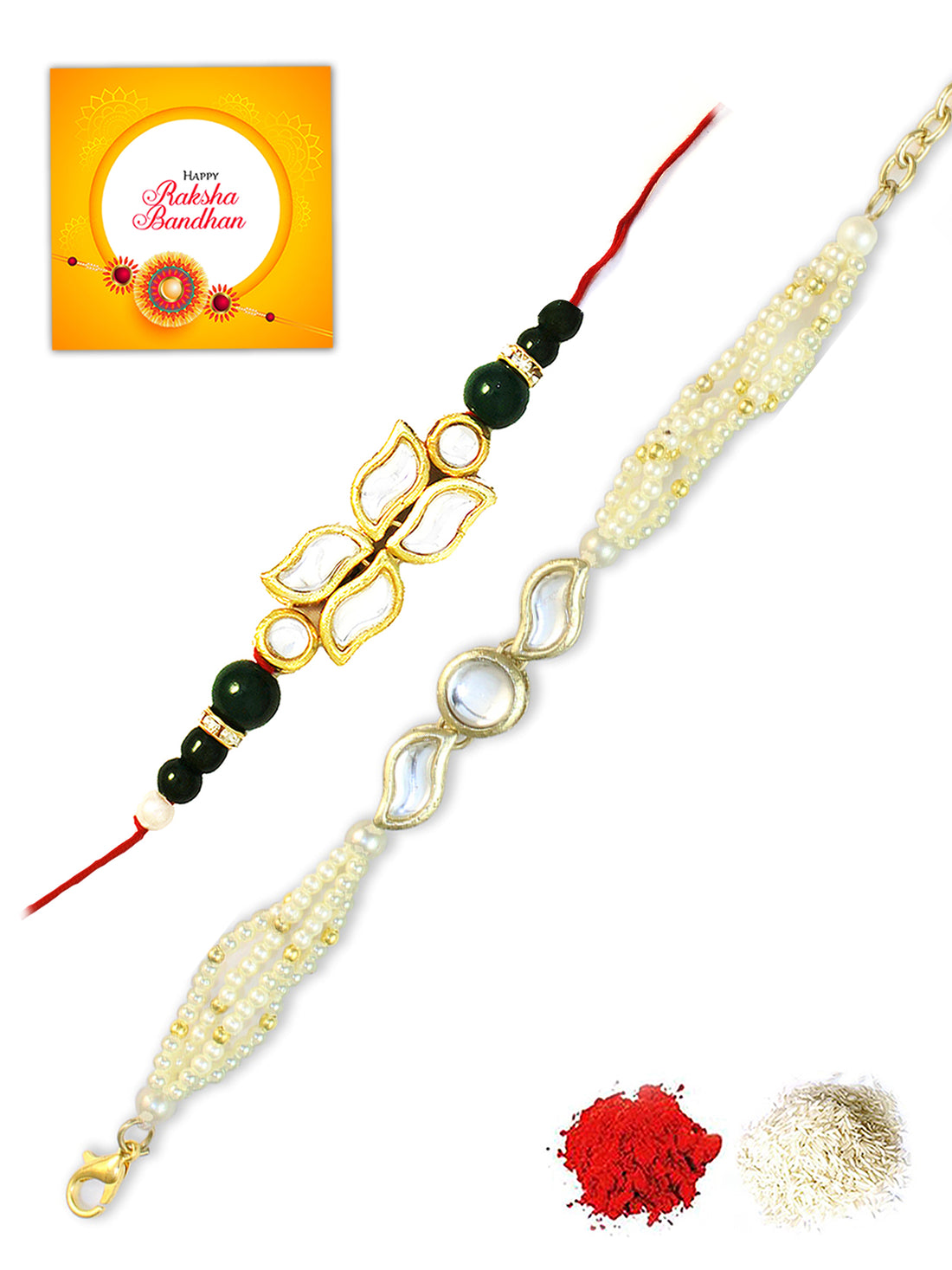 Karatcart Rakhi for Brother and Bhabhi Set of 2 Gold Plated Handmade Kundan Bhiya Bhabhi Rakhi Combo with Roli & Chawal