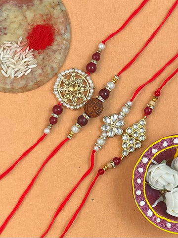 Set of 4 Gold Plated Handmade Kundan Rakhi Combo with Roli & Chawal