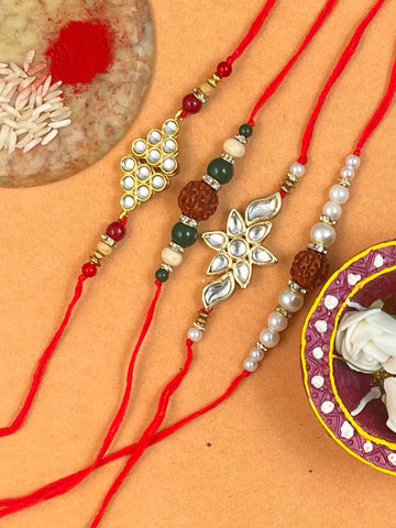 Set of 4 Gold Plated Handmade Kundan Rakhi Combo with Roli & Chawal