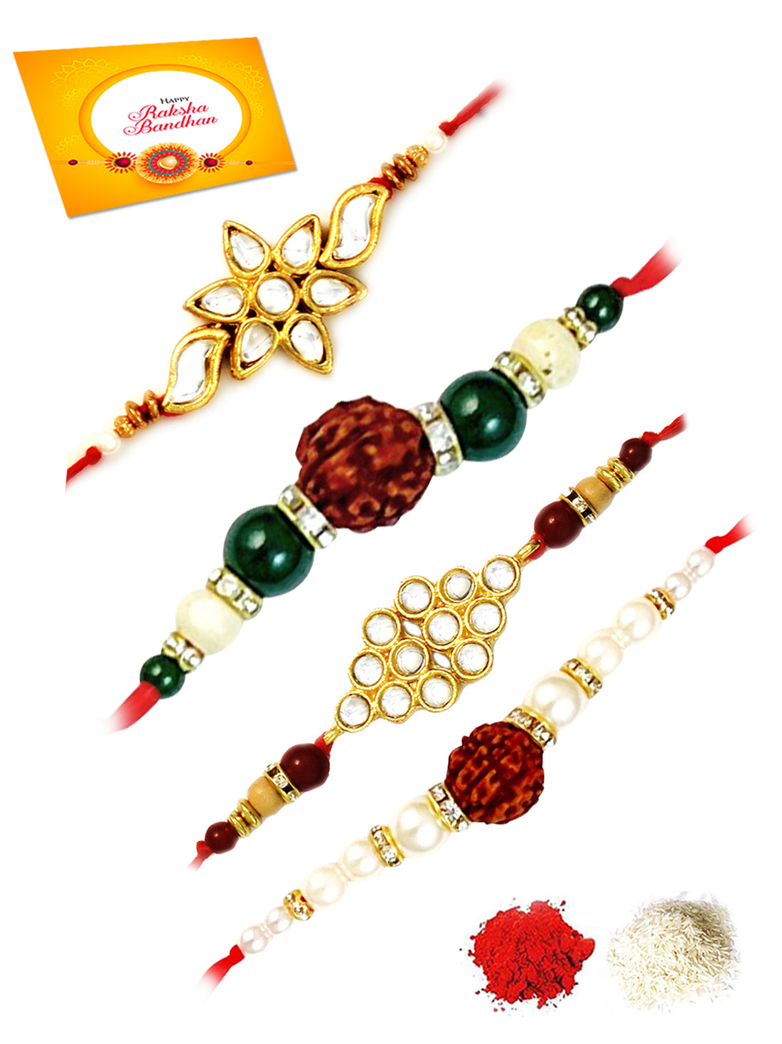 Set of 4 Gold Plated Handmade Kundan Rakhi Combo with Roli & Chawal