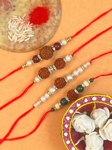 Set of 4 Gold Plated Handmade Kundan Rakhi Combo with Roli & Chawal