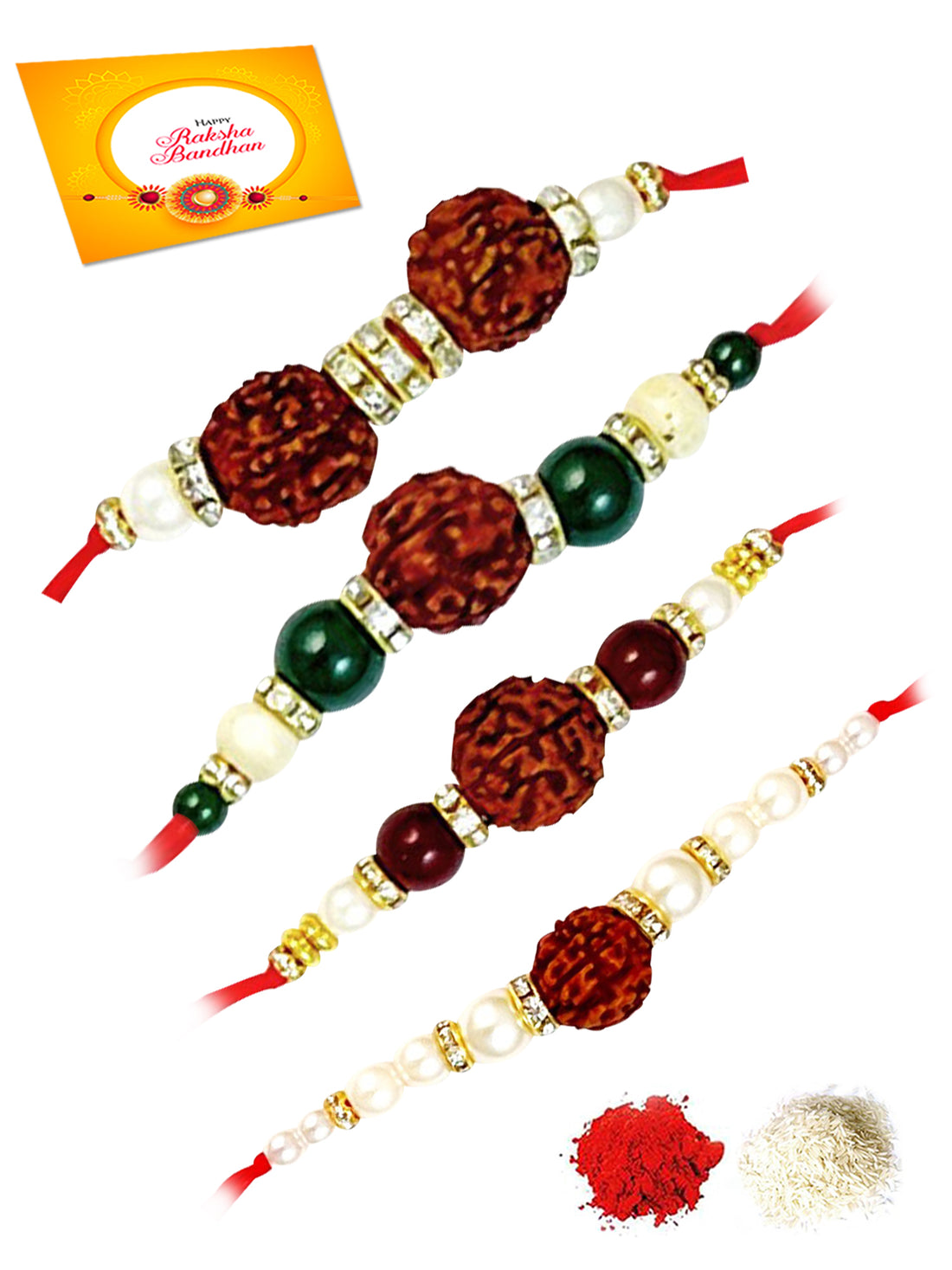 Set of 4 Gold Plated Handmade Kundan Rakhi Combo with Roli & Chawal