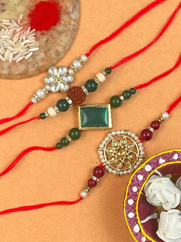 Set of 4 Gold Plated Handmade Kundan Rakhi Combo with Roli & Chawal