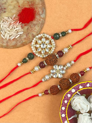 Set of 4 Gold Plated Handmade Kundan Rakhi Combo with Roli & Chawal