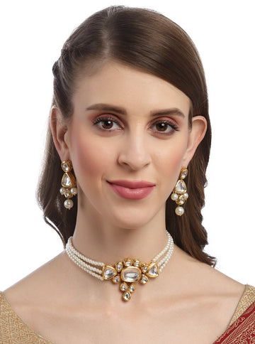 Karatcart Gold Plated Pearl Beaded Polki Choker Necklace Set