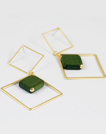 Gold Metal Mate Green Geometrical Crystal Earrings