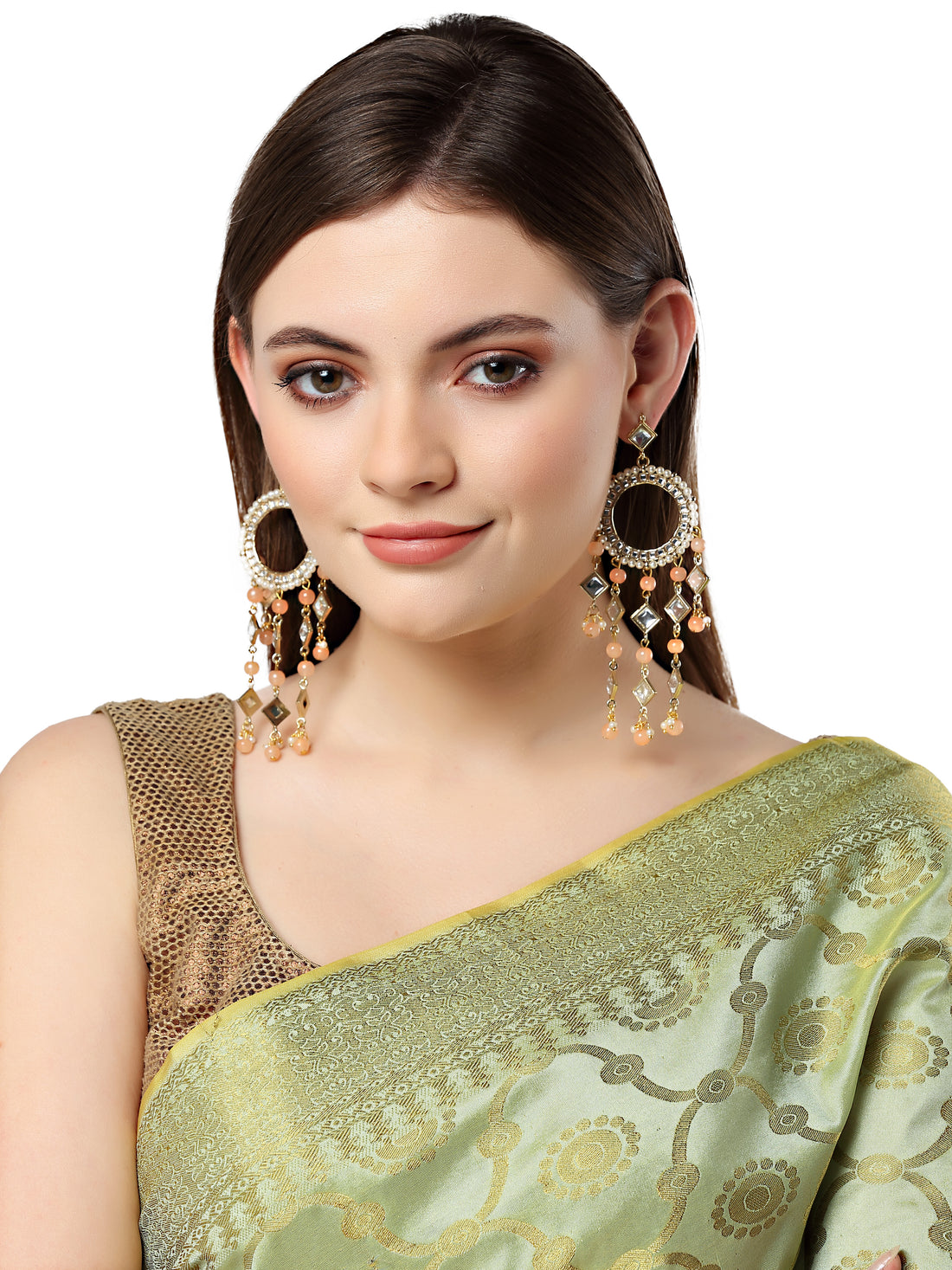 Karatcart Gold Plated Peach Beads Kundan Dangler Earrings for Women