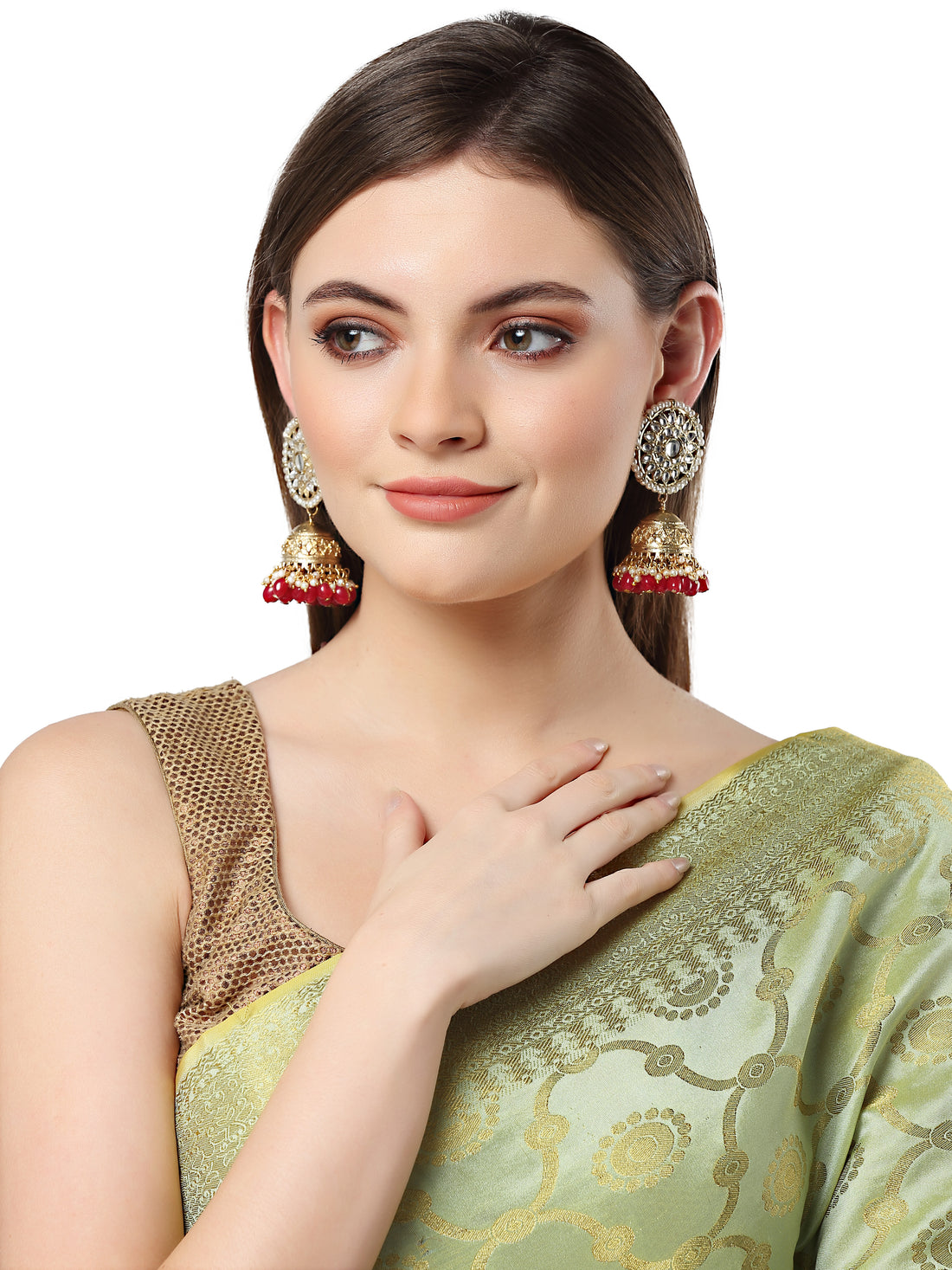 Karatcart Gold Plated Red Tumble Stone and Kundan Studded Jhumki Earrings for Women