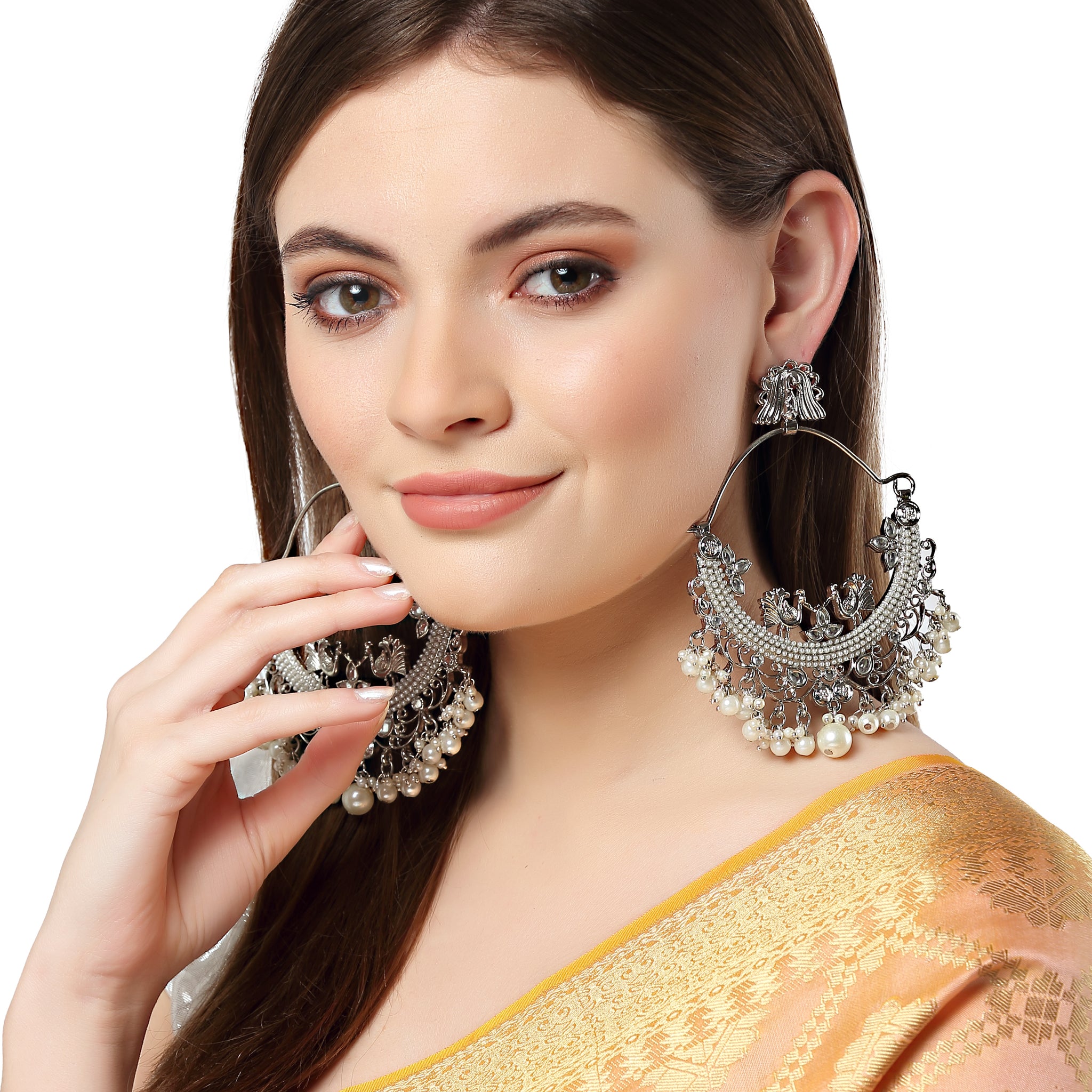 Karatcart Oxidised Silver Embellished Kundan and Pearl Large Chandbali Earrings for Women