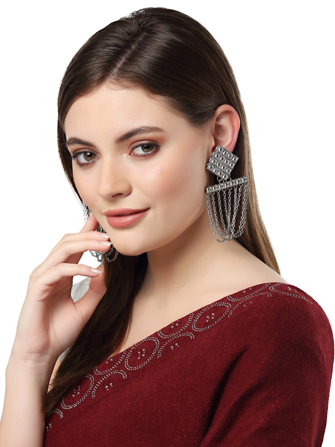 Karatcart Oxidised Silver Chain Kundan Dangler Earrings for Women