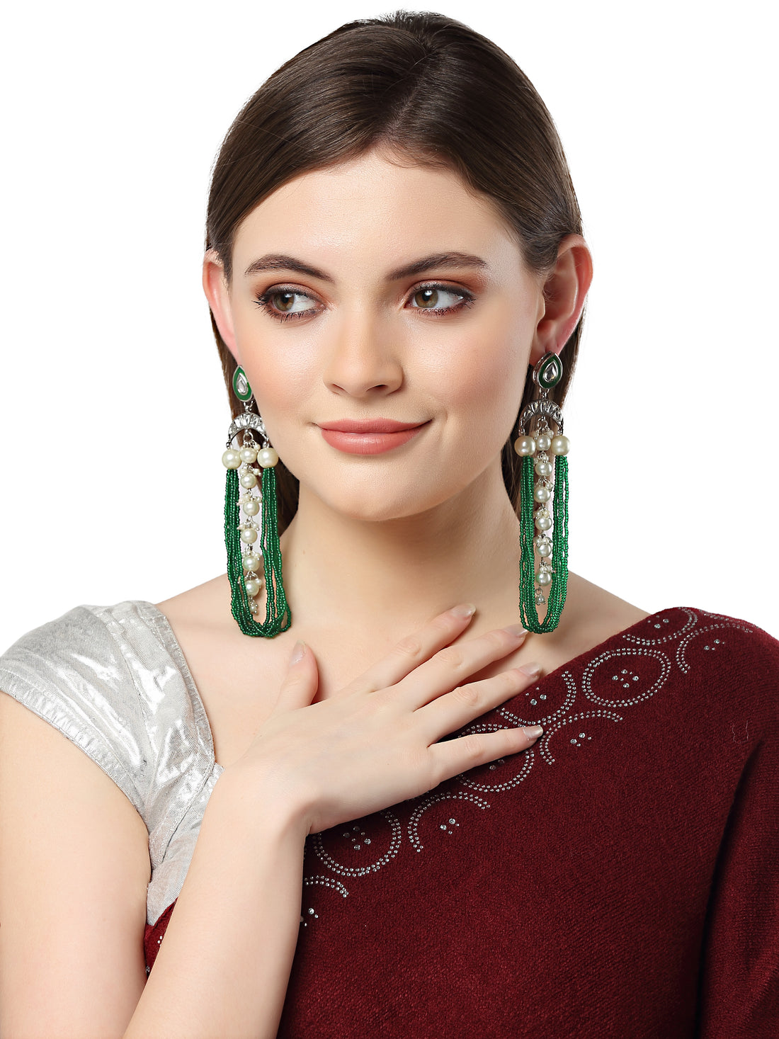 Karatcart Oxidised Silver Pearl and Green Moti Studded Kundan Drop Earrings for Women