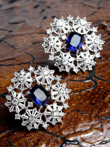 Silver Tone Blue Floral American Diamond Drop Earrings for Women