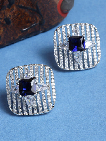 Silver Tone Blue Square American Diamond Drop Earrings for Women