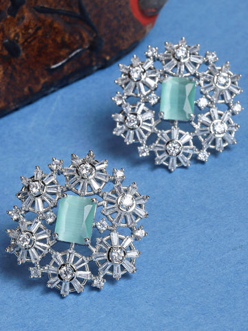 Silver Tone Light Green Floral American Diamond Drop Earrings for Women