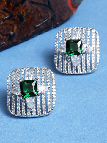 Silver Tone Green Square American Diamond Drop Earrings for Women