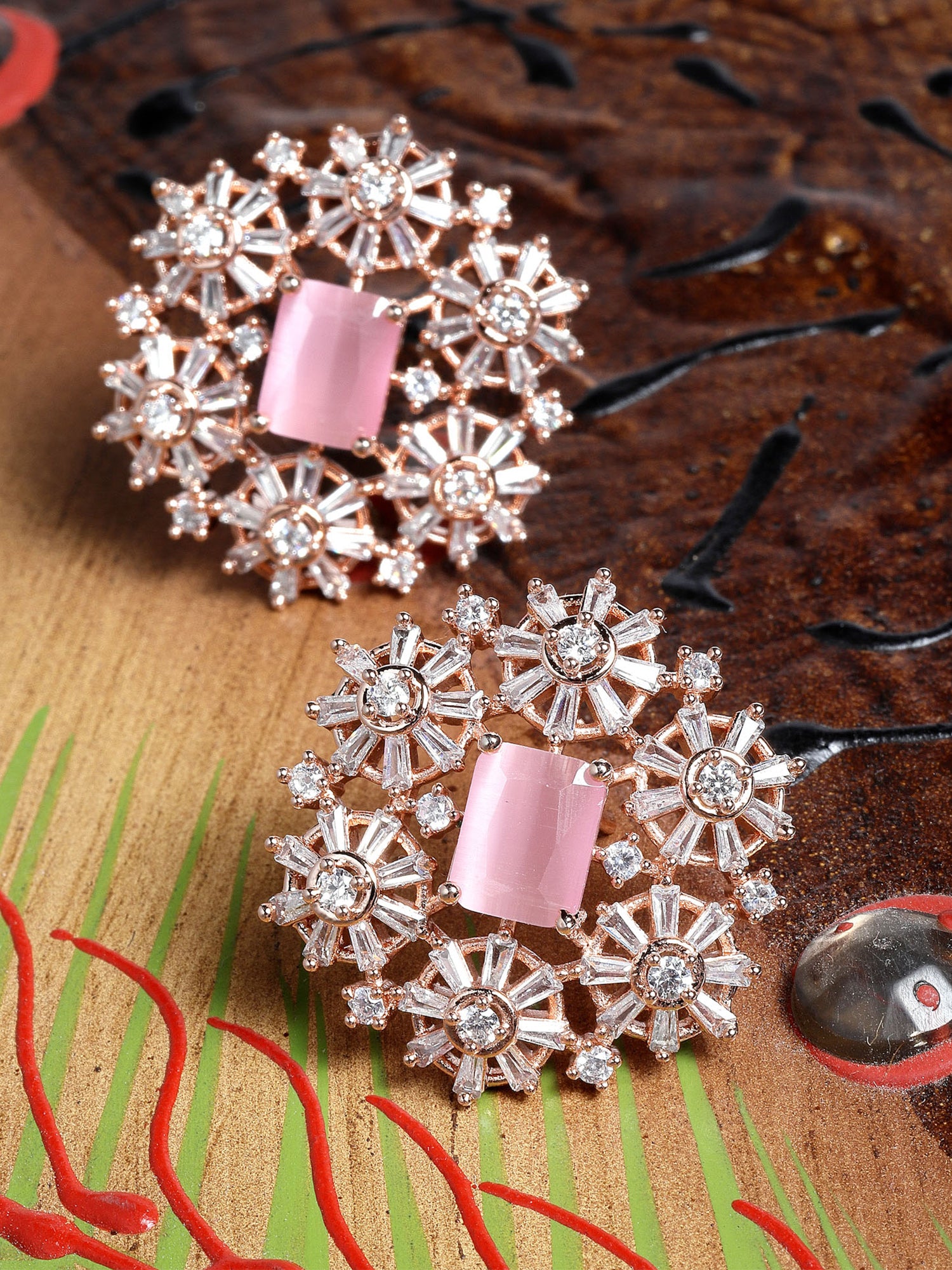 Rose Gold Plated Floral American Diamond Drop Earrings for Women