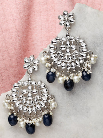 Karatcart Oxidised Silver Blue Tumble Kundan Chandbali Earrings for Women