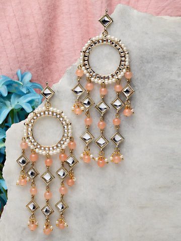 Karatcart Gold Plated Peach Beads Kundan Dangler Earrings for Women