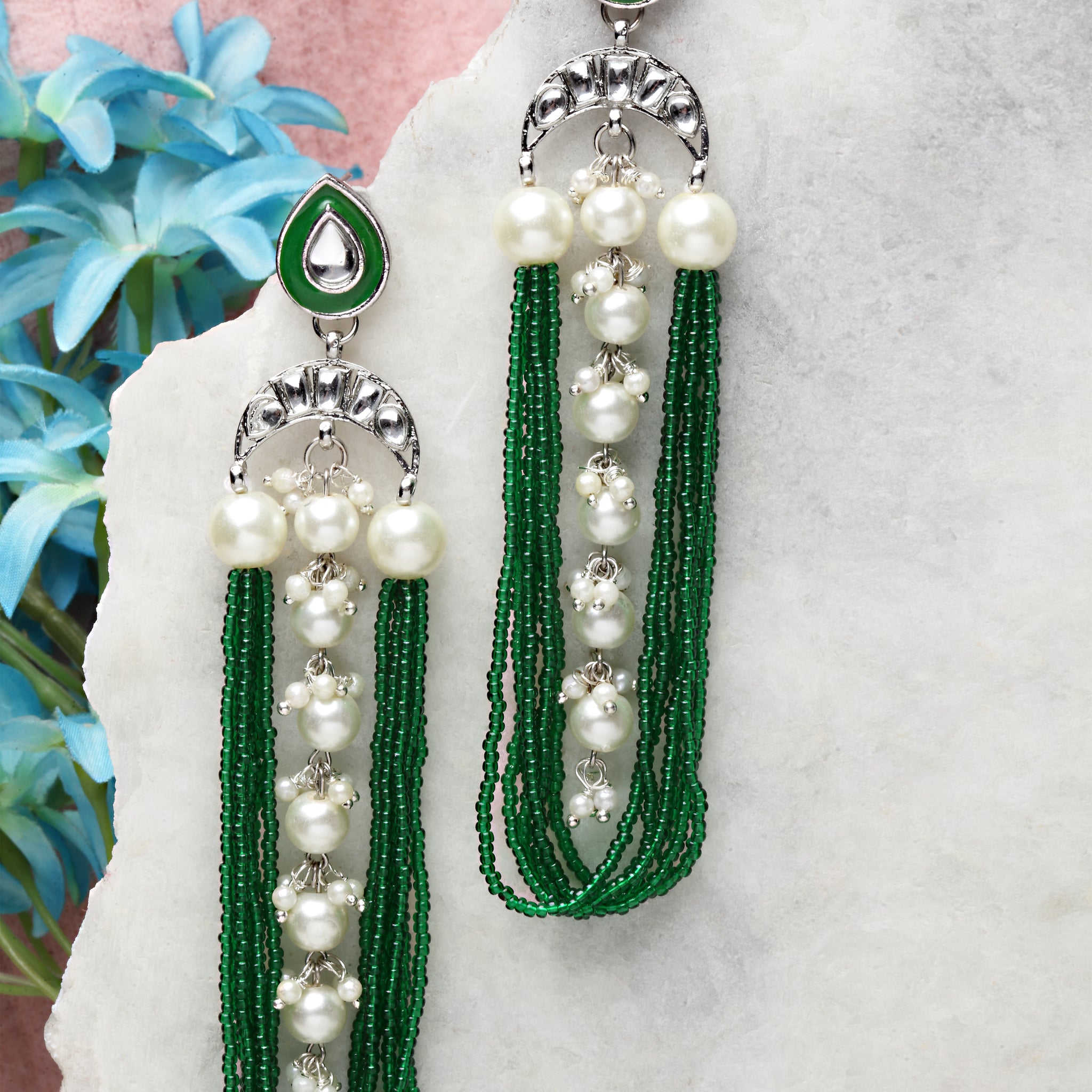 Karatcart Oxidised Silver Pearl and Green Moti Studded Kundan Drop Earrings for Women
