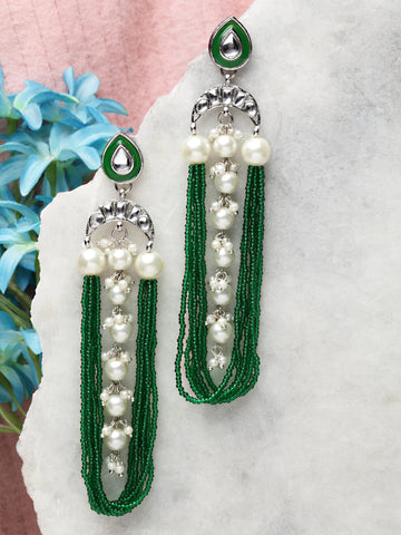 Karatcart Oxidised Silver Pearl and Green Moti Studded Kundan Drop Earrings for Women