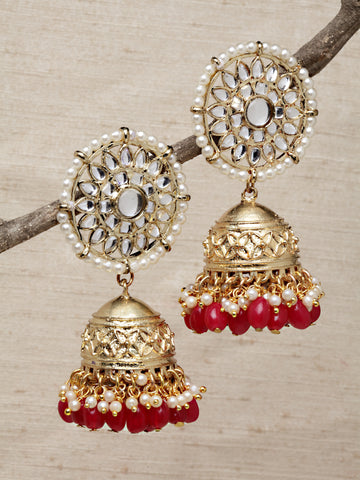 Karatcart Gold Plated Red Tumble Stone and Kundan Studded Jhumki Earrings for Women