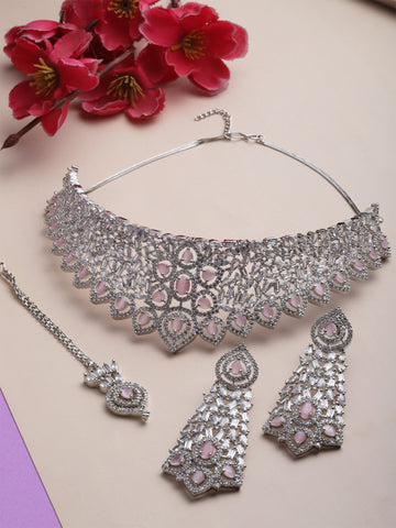 Karatcart American Diamond Studed Pink Choker Necklace Set