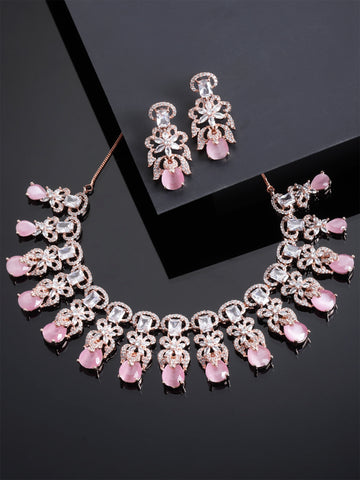 Karatcart Pink American Diamond Studed Choker Necklace Set