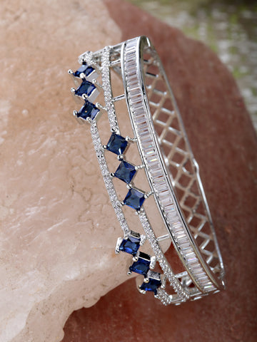 Karatcart Silver Tone Blue American Diamond Studded Bracelet for Women