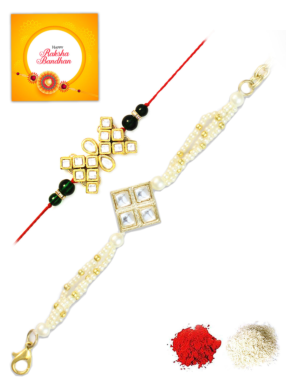 Karatcart Rakhi for Brother and Bhabhi Set of 2 Gold Plated Handmade Kundan Bhiya Bhabhi Rakhi Combo with Roli & Chawal