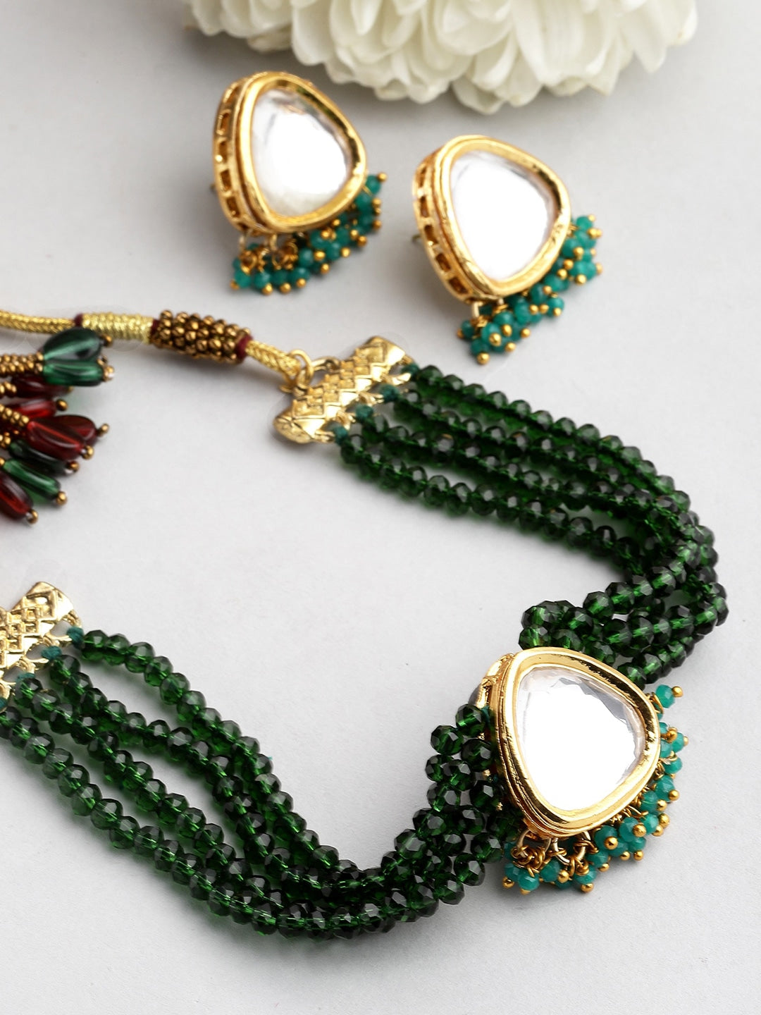 Gold-Plated Green Crystal Polki Kundan Studded Choker Necklace set