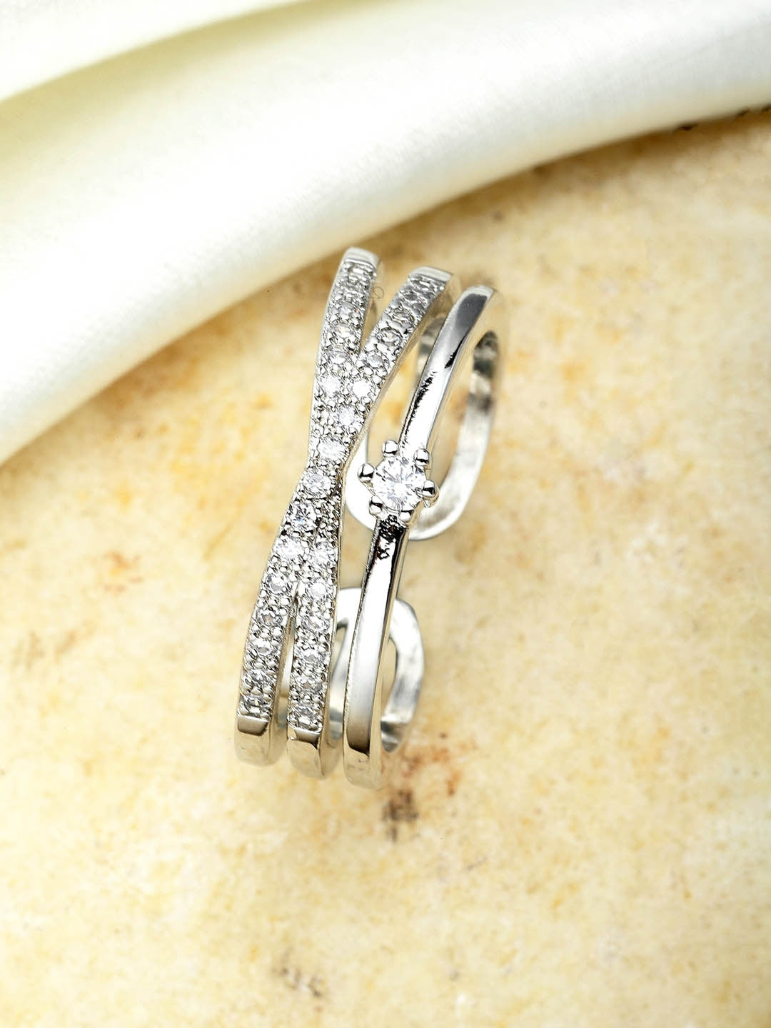 Silver-Plated & White AD-Studded Adjustable Finger Ring