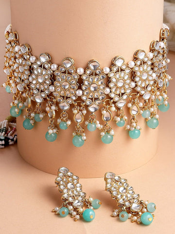 Gold-Plated White & Blue Kundan-Studded & Beaded Jewellery Set