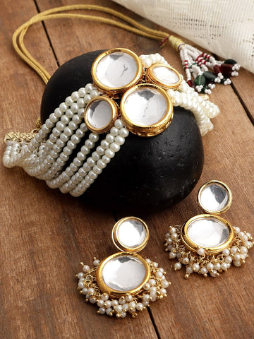 Gold -Plated White Kundan Studded & Pearl Beaded Choker Necklace Set