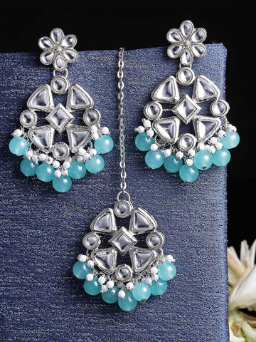 Silver-Plated Blue Beads Kundan Oxidised Jewellery Set