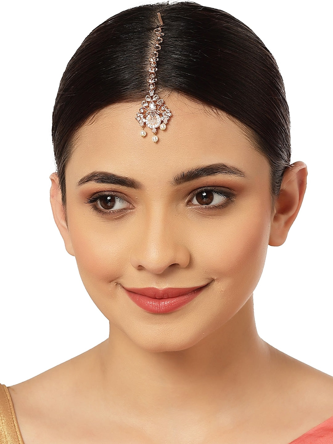 Karatcart Rose Gold Plated White American Diamond Studded Maangtikka