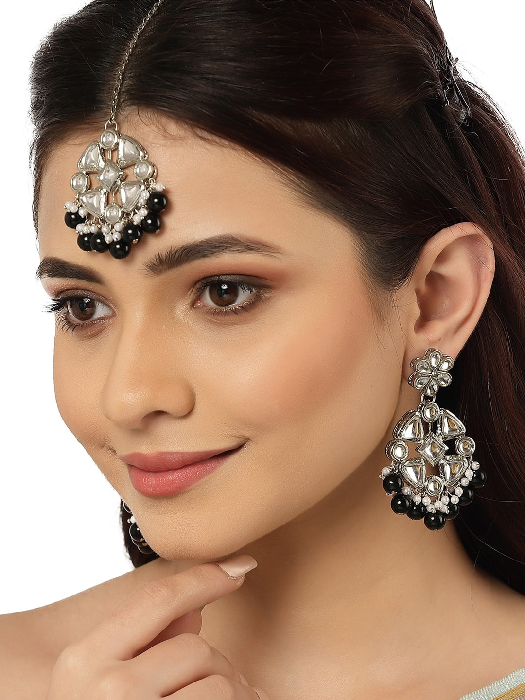 Silver-Plated White & Black Kundan-Studded Earring with Maangteeka