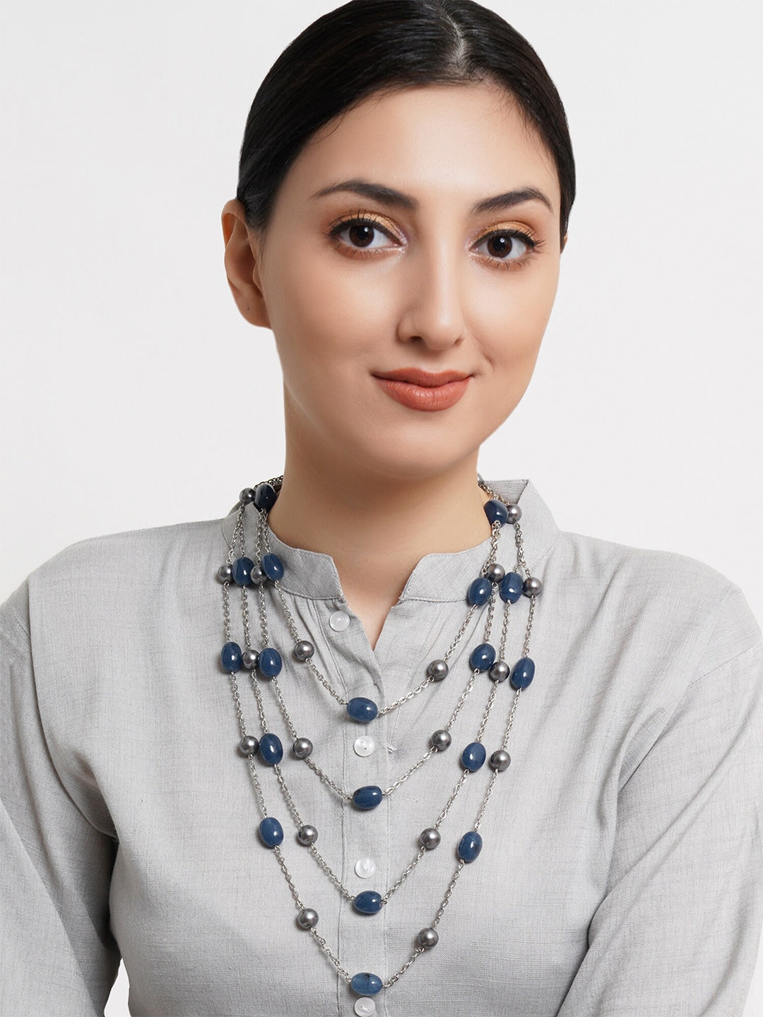 Blue & Silver-Toned Layered Necklace