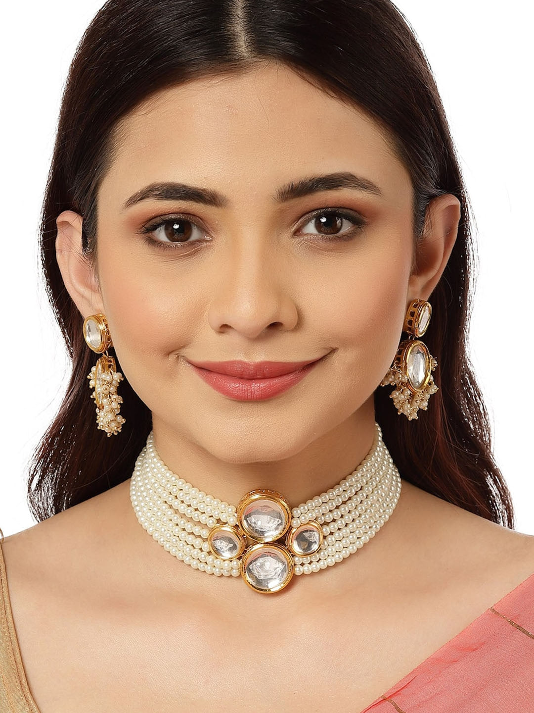 Gold -Plated White Kundan Studded & Pearl Beaded Choker Necklace Set