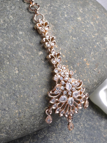 Rose Gold-Plated White AD Stone Studded Maangtikka