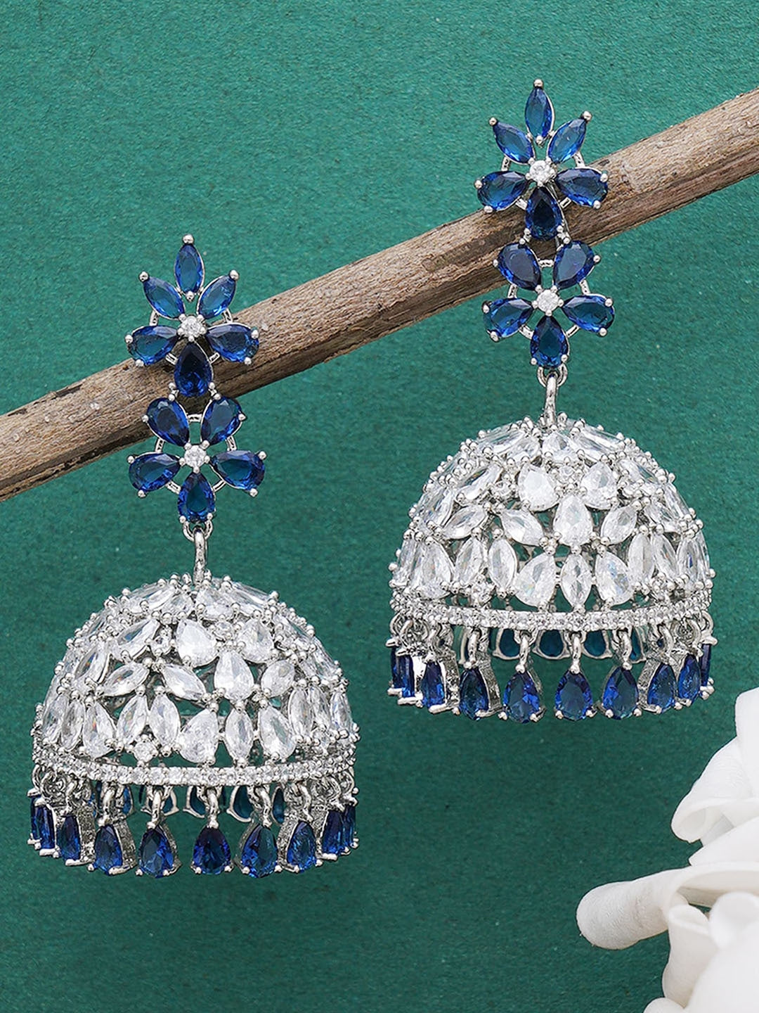 Karatcart Silver Plated Blue & White American Diamond Studded Jhumkas Earrings