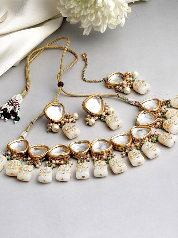 Gold-Plated White Kundan-Studded Beaded Jewellery Set