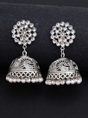 Silver-Toned Floral Jhumkas Earrings