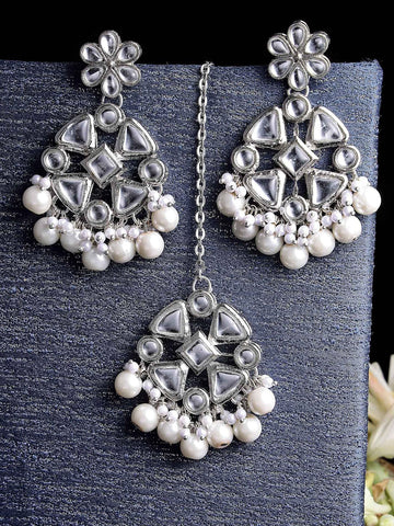 Oxidised Silver-Plated White Kundan-Studded & Pearl Beaded Earring with Maangteeka