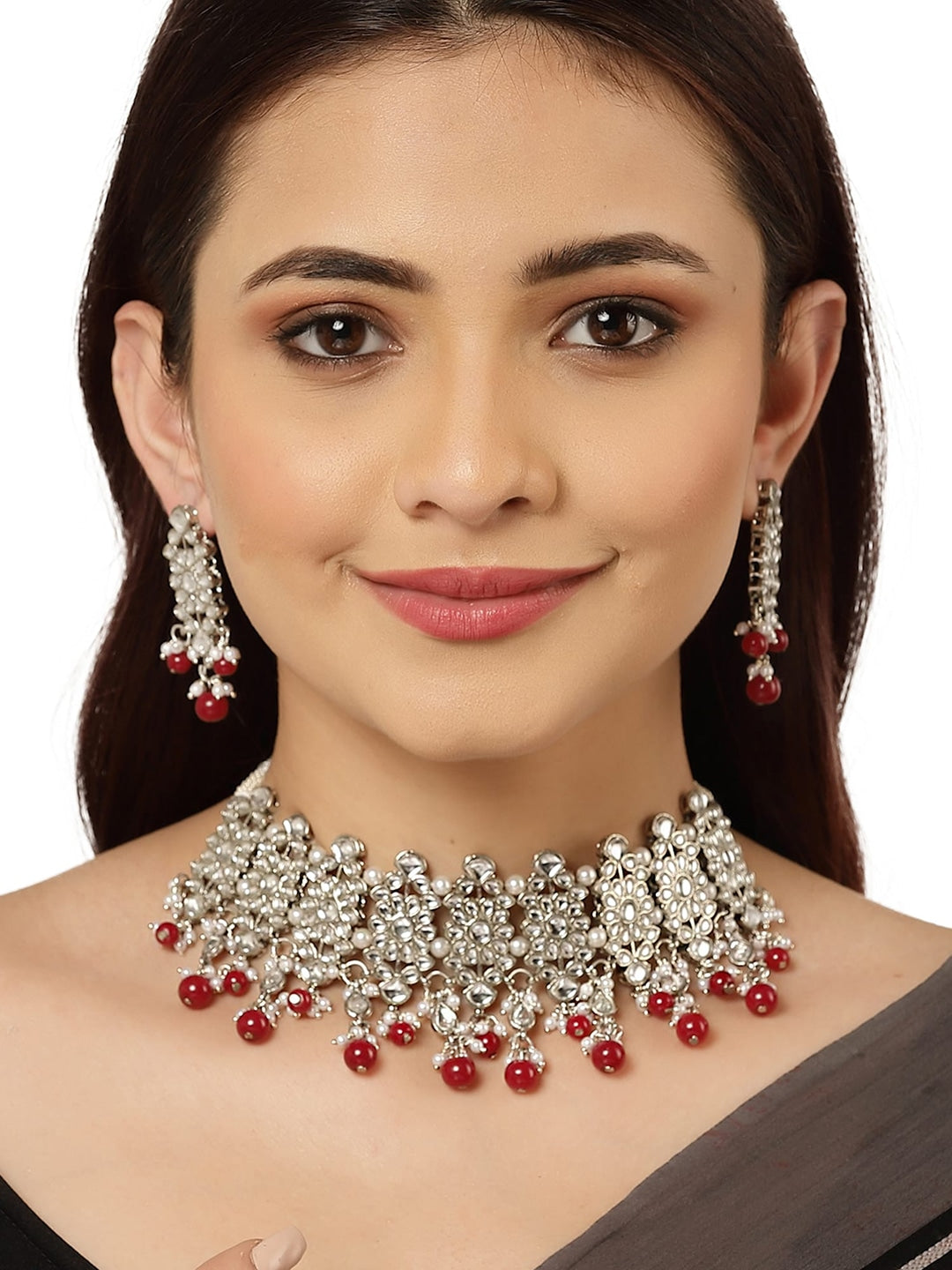 Oxidised Silver-Plated Red Kundan Studded Jewellery Set