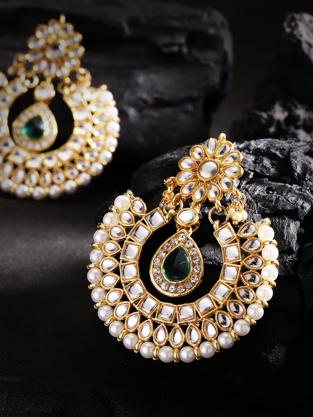 Kundan Green Stone Chandbali Earrings - Image 1